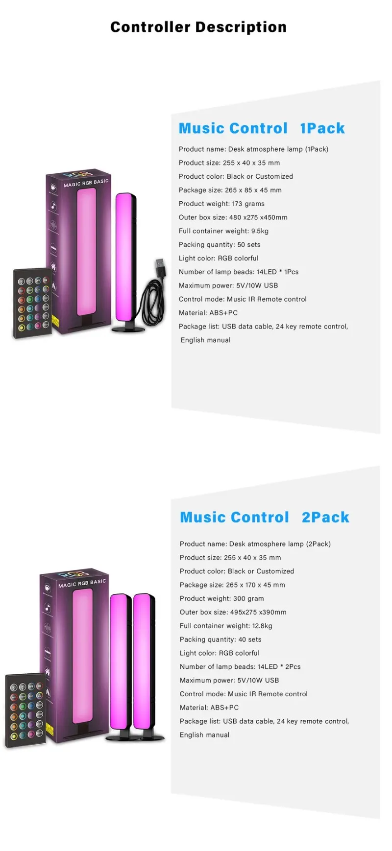 LED Desk Atmosphere Lamp RGB Pickup Lights Remote Control RGB Color Rhythm Ambient Lamp Car/Game Computer Desktop Decor Light