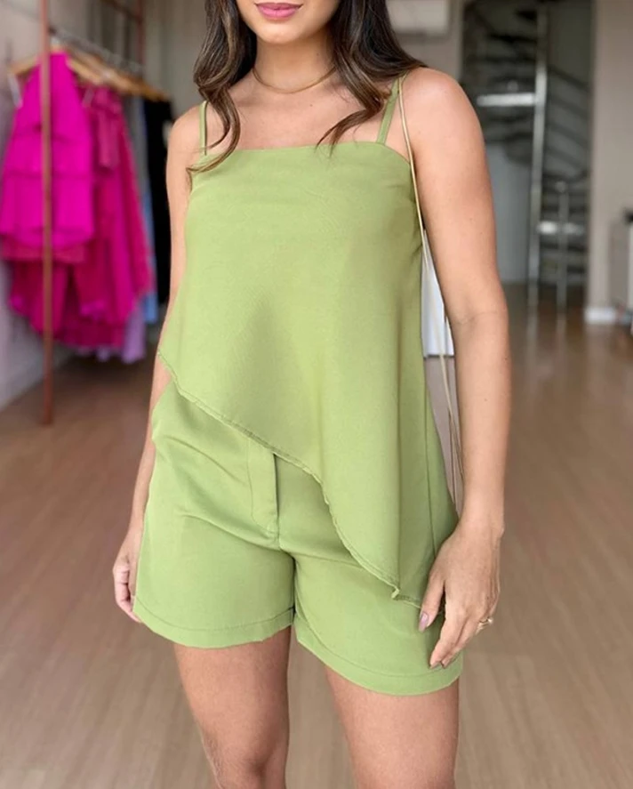 Hot Selling Women's Summer Suspender Asymmetrical Hem Camouflage Short Top and Solid Color Sports Casual Zippered Shorts Set