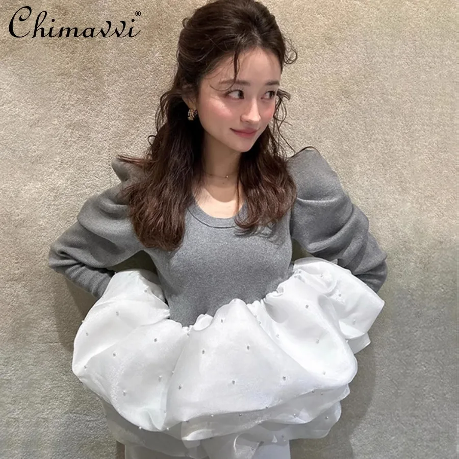 

Japanese Sweet Beads Cloud Yarn Splicing Round Neck Bubble Sleeve Knitted Top Spring New Cute Girl Long Sleeve Pullover Sweater