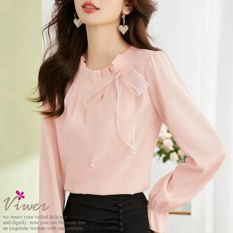 Casual Solid Color Butterfly Bow Sense of Design Blouse Women Long Sleeve O-collar All-match Pleated Chiffon Pullover Shirt Z247