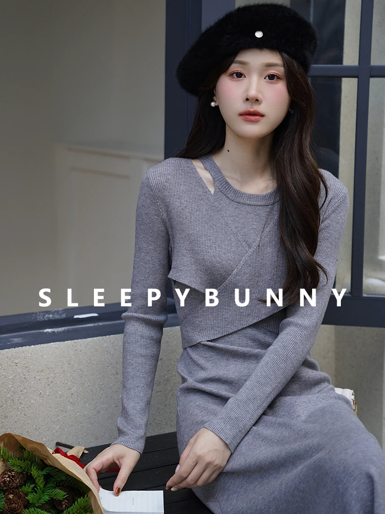 Elegant Halter Knit Dress Women Fall Winter Two-Piece Look Slim Fit Long Sleeve Pullover Sweater Midi Dress Office Daily Wear