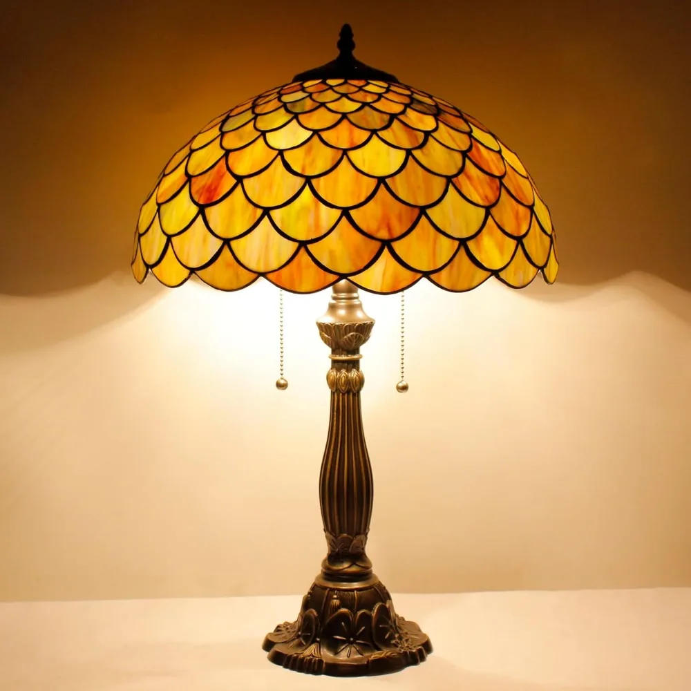 مصباح طاولة تيفاني من الزجاج الملون على طراز قشور السمك مصباح قراءة عتيق للمكتب مقاس 16 × 16 × 24 بوصة ديكور لغرفة النوم وغرفة المعيشة والمنزل #5