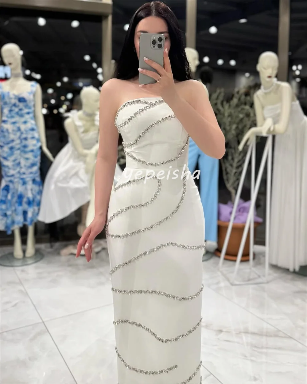 

Customized Fashion Jersey Rhinestone Straight Strapless Long Dresses Bespoke Occasion Dresses Casual Simple Sizes Available