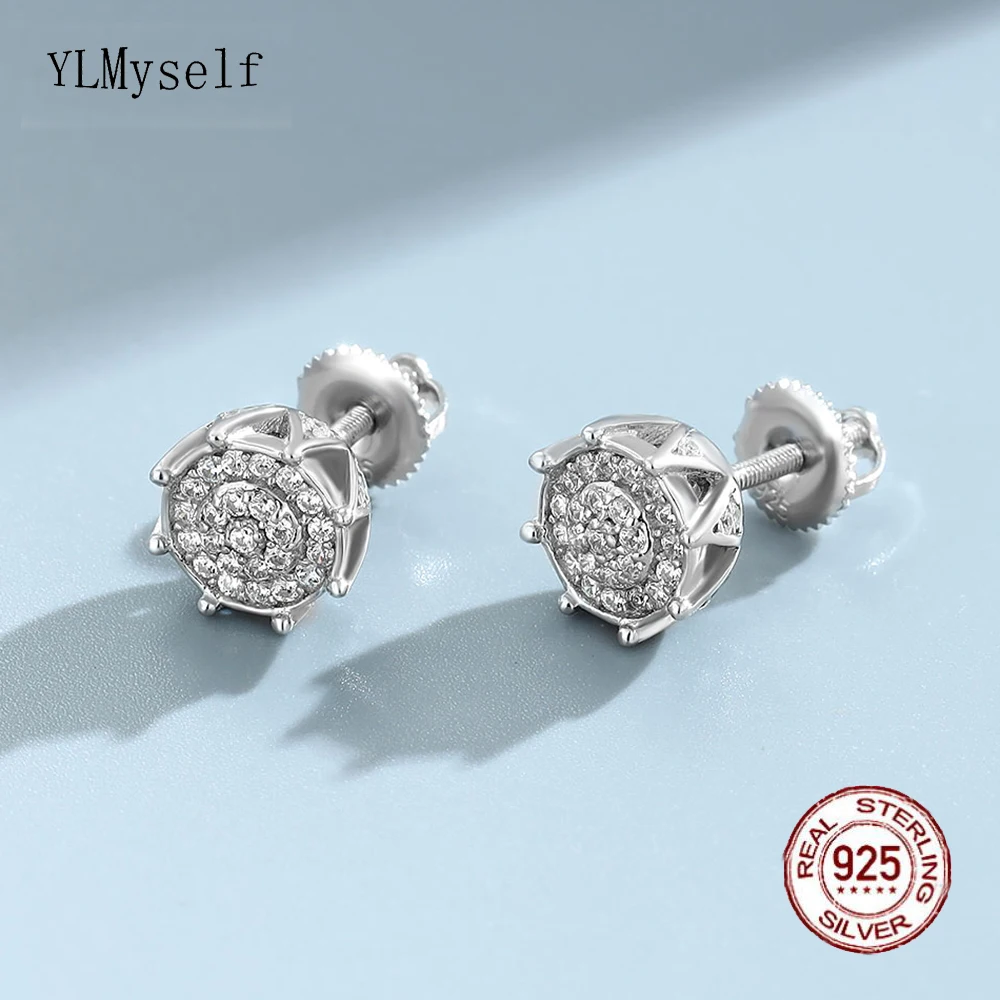 

Solid Real 925 Sterling Silver Stud Earrings Pave Shiny Cubic Zircon 9mm Wide Sunflower Pretty Fine Jewelry For Women