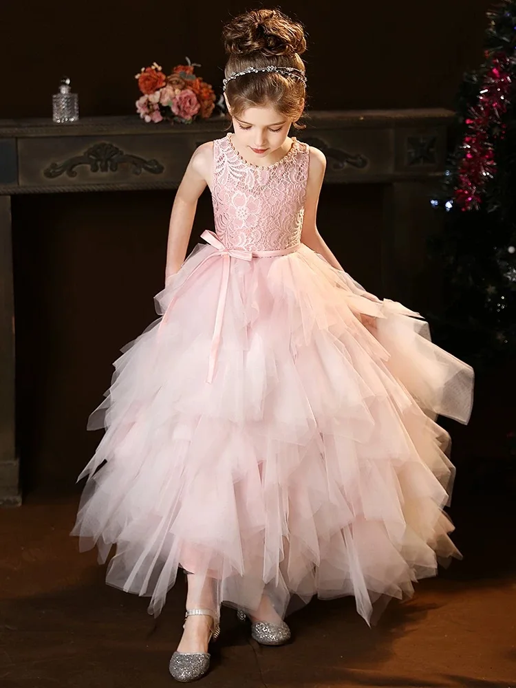 Flower Girl Wedding Party Dresses Pink Red New 2025 Girls Sleeveless Dress Round Neck Princess Gowns Long Prom Gown Customized