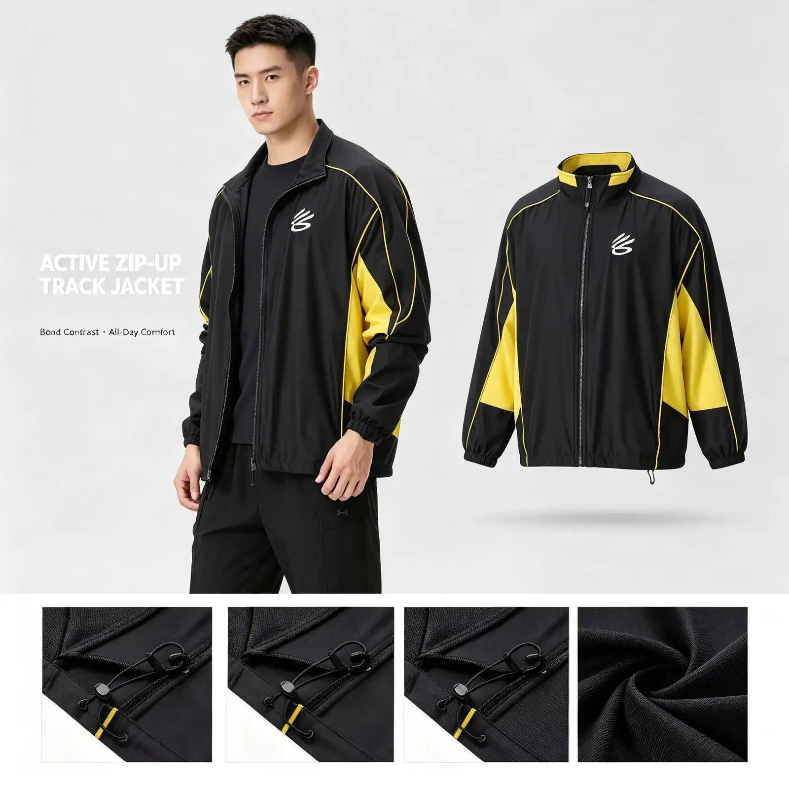 New Under Armour Black Yellow Color Block Sport Jacket for Women Men Smooth Fabric Full-Zip Up Track Jacket Relaxed Fit Streetwe