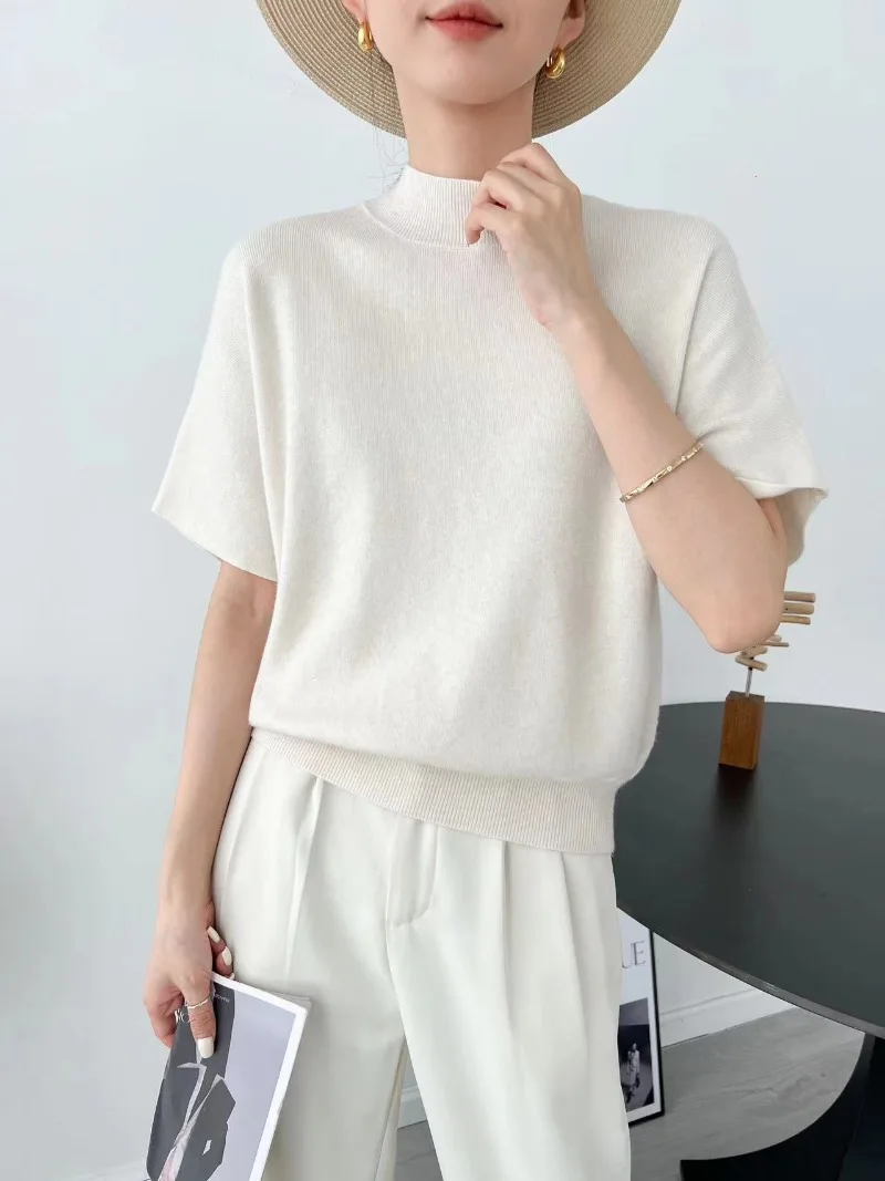 New Spring Summer Knitted Loose Top Women Half High Collar Batwing Short Sleeve Casual Sweater T-shirt Korean Fashion Y2k