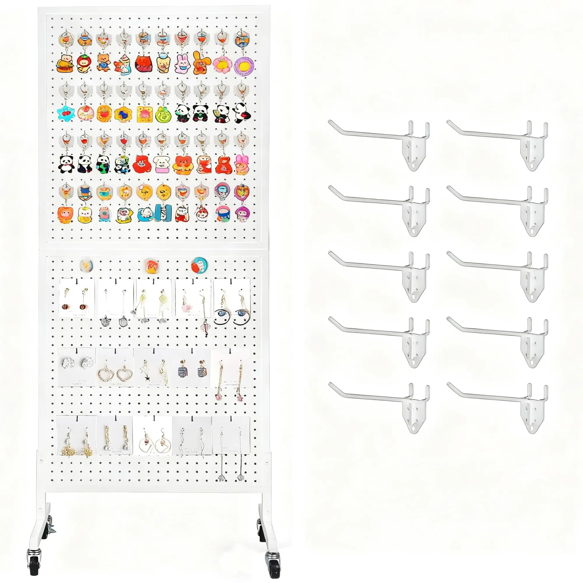 2' x 5' Metall-Pegboard-Ausstellungsständer mit Rollen, höhenverstellbares, bodenstehendes Pegboard-Displayregal mit T-Basis und 10 Haken