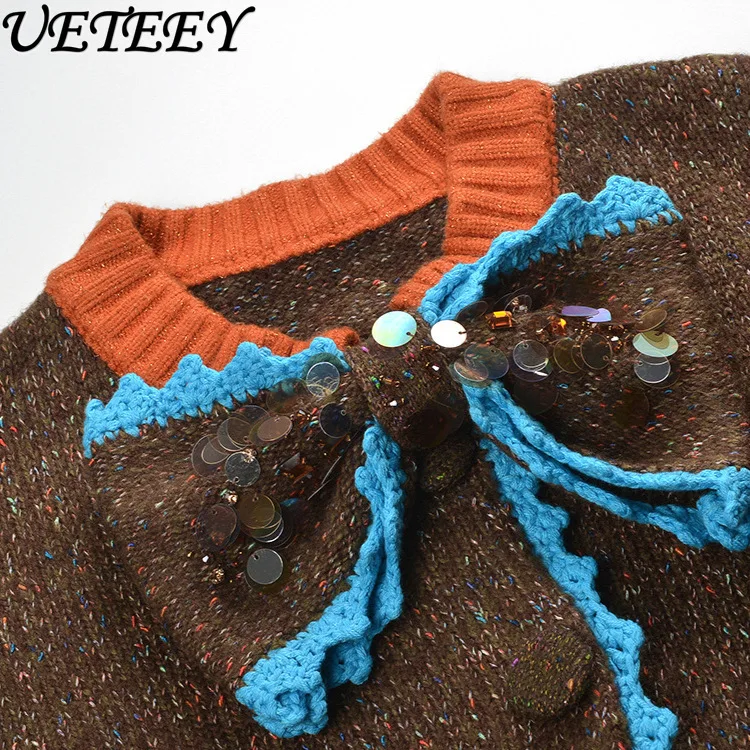 

Autumn New Style Elegant Girl Color-Block Knitted Cardigan Single-Breasted Bow Decoration Loose Soft Long-Sleeve Sweater