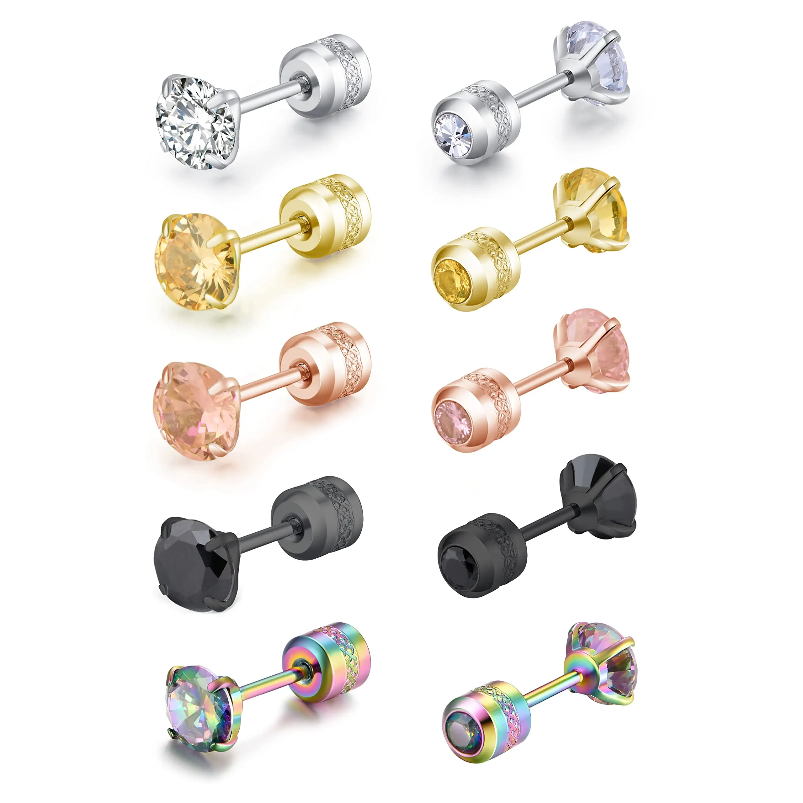 1-5 Pairs of Titanium Surgical Stainless Steel Cubic Zirconia Double-sided Screw Back Stud Earrings Set for Sensitive Ears 4/6mm