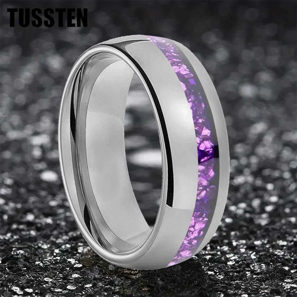 TUSSTEN 8MM Men And Women Wedding Tungsten Ring Dome Polishing Offset Groove Inlaid Crystal Stone Comfortable Fit