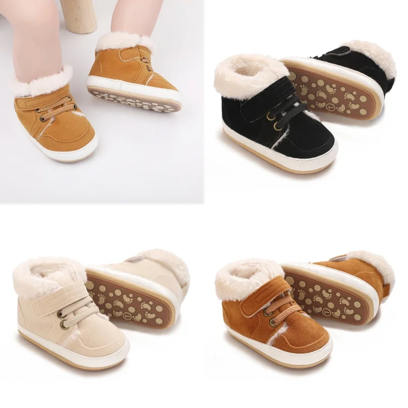 أحذية وأحذية أطفال شتوية جديدة بلون سادة من القطيفة الدافئة الناعمة غير القابلة للانزلاق نعل مطاطي لحديثي الولادة يتعلم المشي