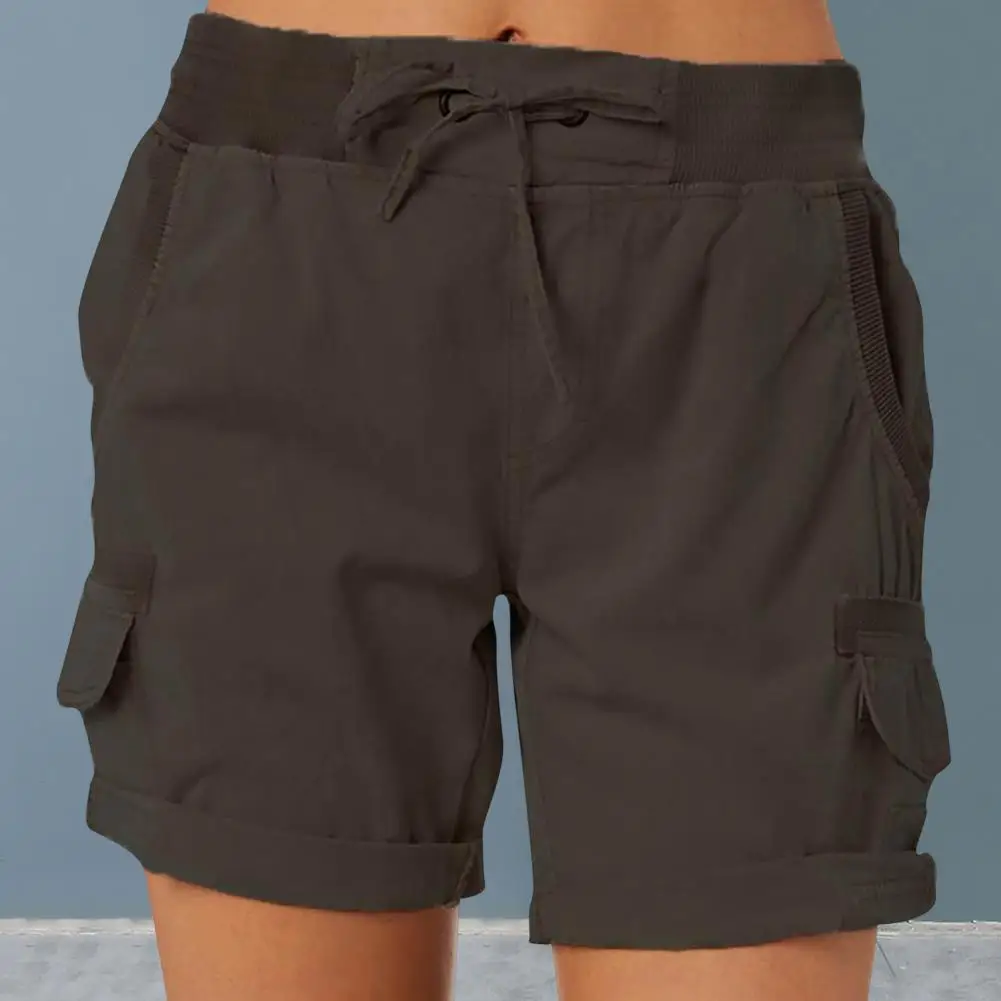 Shorts de cordão com elástico na cintura feminino, bolsos laterais, acima do joelho, largo para senhoras, elegante, verão