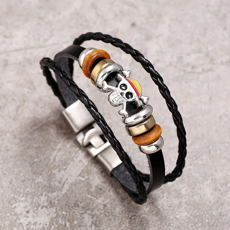 

One Piece Anime Figure Luffy Straw Hat Punk Black Leather Braided Bracelet Pirate Bracelet Cartoon Kid Birthday Gifts