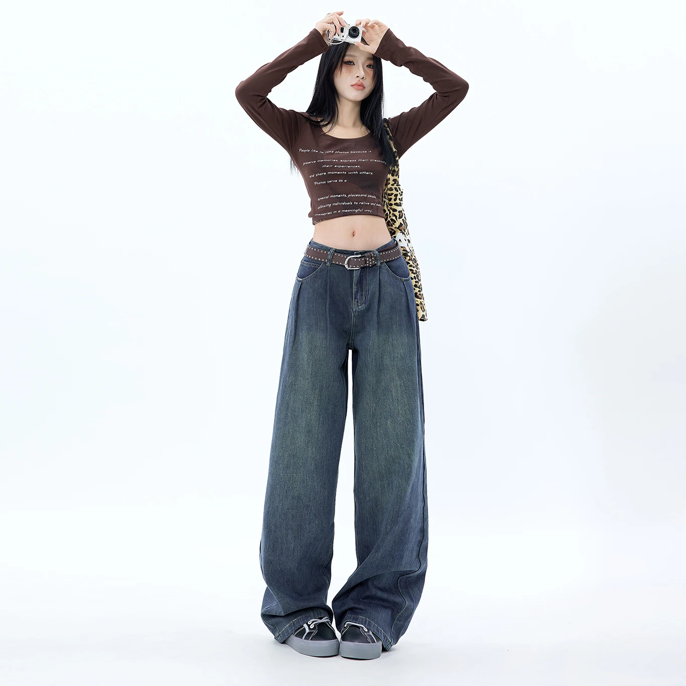 Shascullfites Autumn New Retro High Waist Slim Pleated High Street Pants Gray Straight Wide Leg Jeans for Women