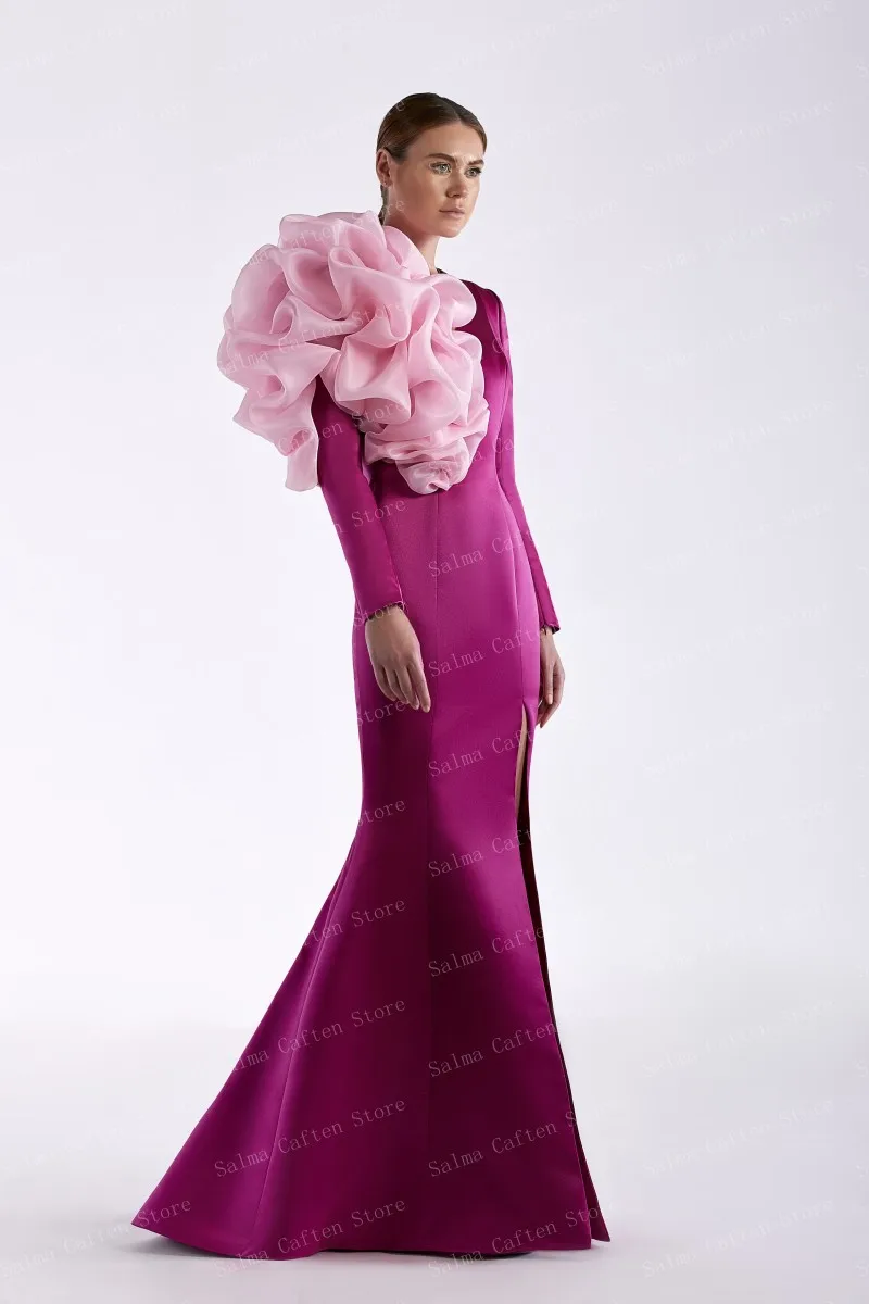 O-neck Long Sleeve Bodycon Dress With Slit Smooth Satin Woman Clothes Ruffled Organza Purple Evening Dresses Custom Made