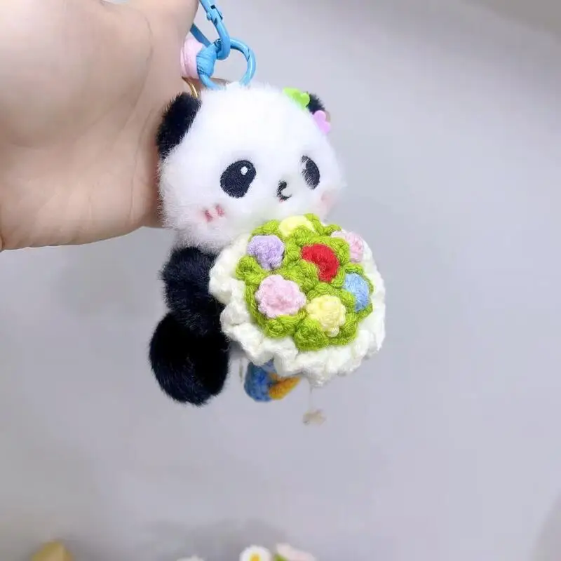 Simpatico fard Panda Materiale in lana che tiene bouquet Corda intrecciata Morbido peluche Portachiavi Itabag Decorazione con cerniera Coppia regalo di Natale