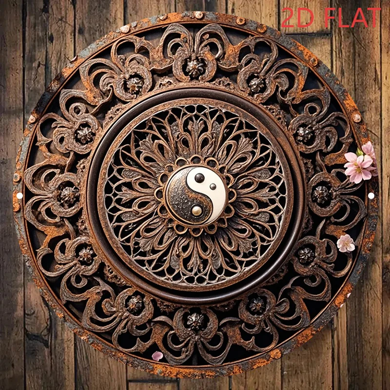 2D Flat, 1pc of 2D Flat Artwork Featuring a Tai Chi Pattern Dial Decorated with Cherry Blossoms. Vintage Logo, 8x8 Inches (20x20