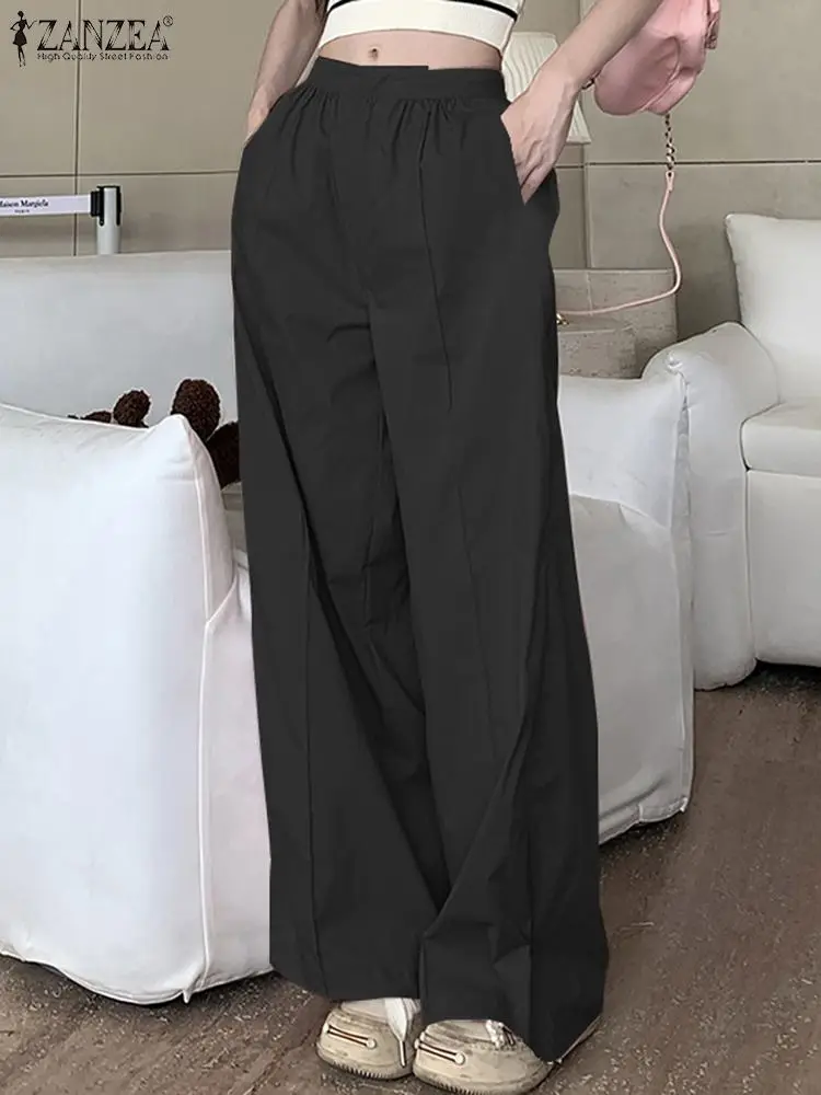 ZANZEA Women Wide Leg Trouser Fashion Elastic Waist Solid Long Pants 2023 Autmun Mid-Waist Pantalon Streetwear Vintage Bottoms