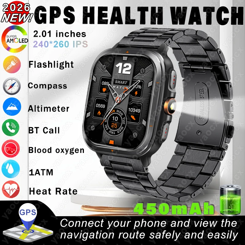 

2026 Military GPS 1ATM Waterproof Smart Watch 2.01"HD AMOLED Built-in 6 Frequency Satellite Outdoors Sports Fitness Smart Watch