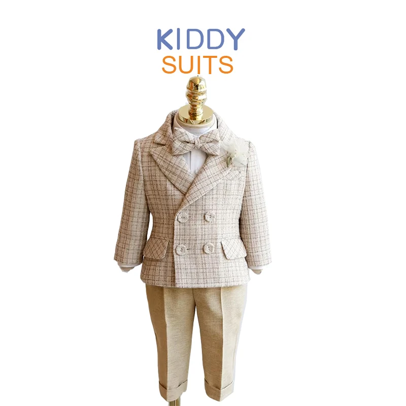 

Children's Houndstooth Formal Suit Set Boys Wedding Birthday Party Champagne Costume Kids Double Breasted Blazer Pants Clothes