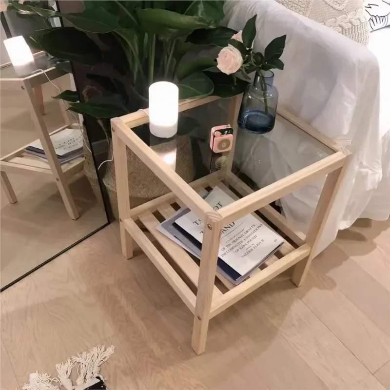 

SHUN Bedside Table Small Apartment Solid Wood Bedroom Transformation Tempered Glass Rack Homestay Wind Bedside Few New 2024