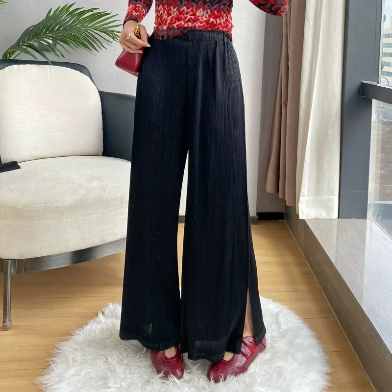  Pleated Slit Wide-Leg Pants 2026 Autumn New Simple Casual Fashion Elastic Waist Straight Drape Stretch Long Pants Women's