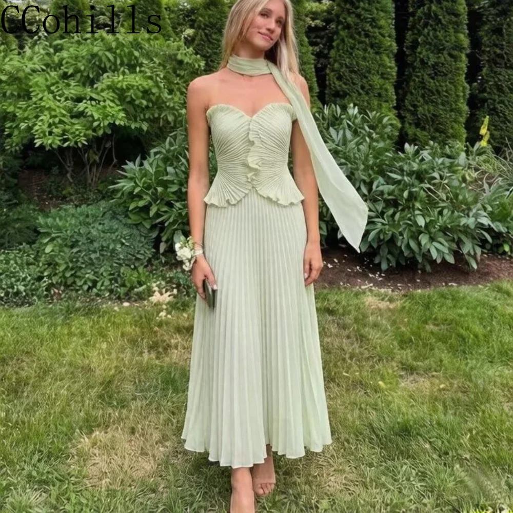 Chiffon Wedding Guest Dress with Scarf Ruffles Strapless Corset Prom Dresses Sweetheart Formal Dress for Women