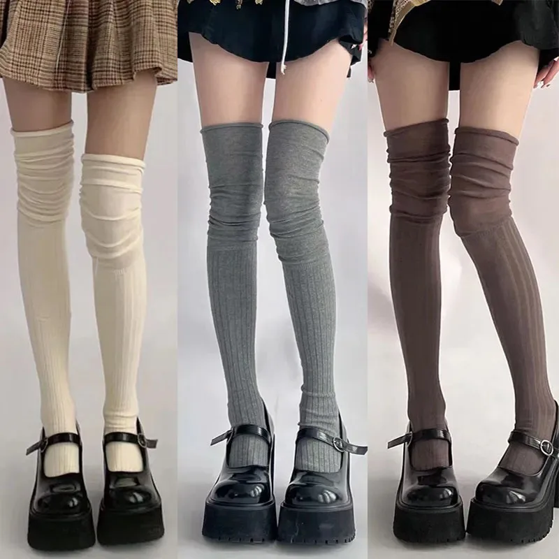 Woman Autumn/Winter Solid Color Thigh High Cute Lolita Thick Warm Stockings Black White Long Leg Socks for Women Girls