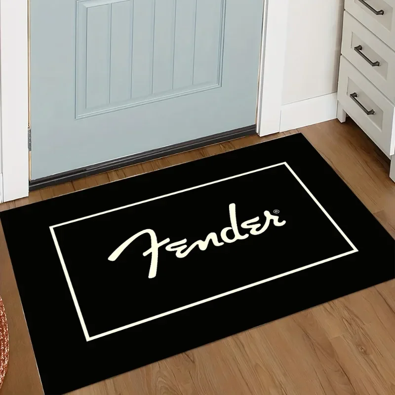 Fender Guitar Logo Rock Music Door Mat Black White Design Non-Slip Entryway Rug Band Fan Decor Music Lover Gift