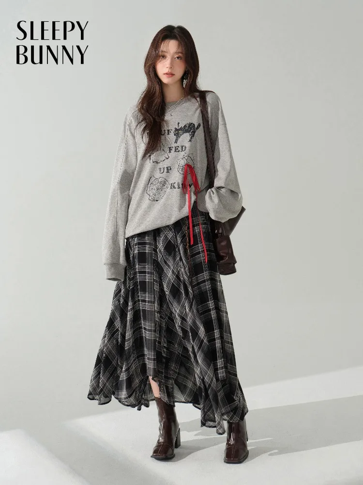 

Толстовка с милым кошачьим принтом, женский повседневный пуловер большого размера, осенний свободный топ с круглым вырезом и длинными рукавами, многослойная толстовка с графическим принтом