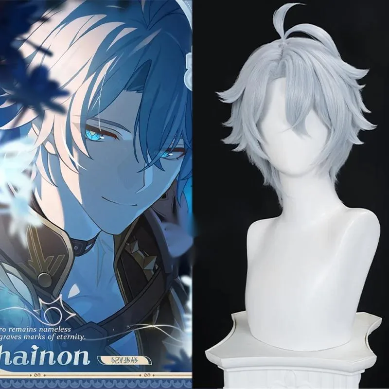 لعبة هونكاي ستار السكك الحديدية Phainon شعر مستعار تأثيري رمادي أبيض قصير الشعر أمفوريوس الأرض الأبدية حفلة الهالوين للنساء الرجال الدعائم