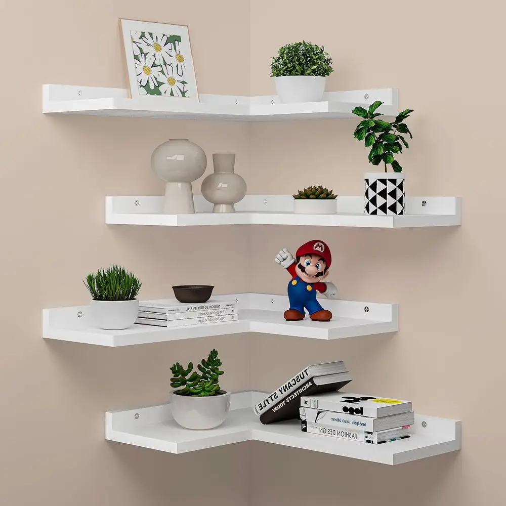 

Rustic White 4-Tier L-Shaped Corner Shelves for Stylish Wall Storage in Various Rooms