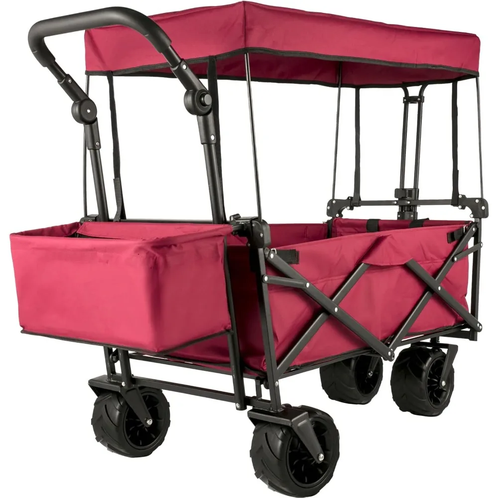 Extra Large Collapsible Garden Cart/Wagon with Removable Canopy, 220lbs Capacity Push& Pull Utility Cart with Rear Storage