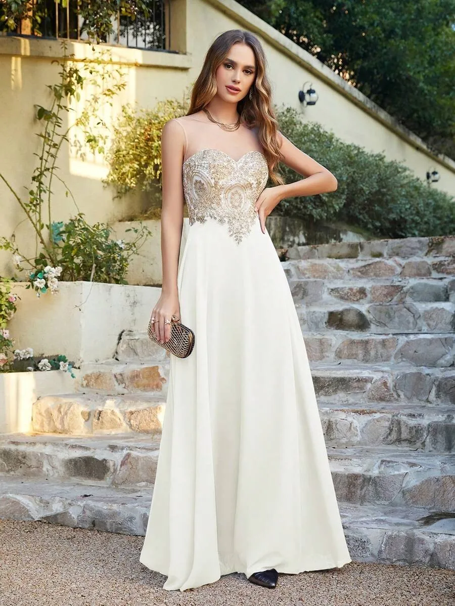 BABYONLINE Boho WeddingDresses Illusion Sweetheart Gold Appqulies Bodice  Elegant Gown Chiffon A-line Skirt Mermaid Bridal Gowns