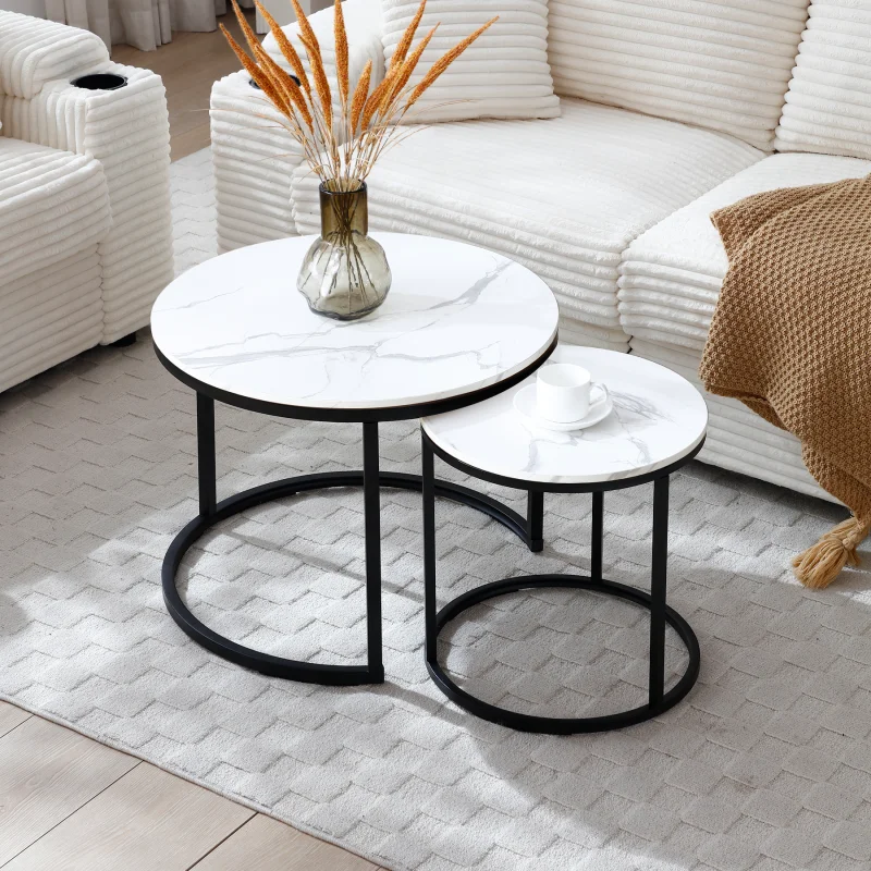 

Set 2 Coffee Table Nesting White and gray top Black Frame Circular Round and Marble Pattern Wooden Tables, Living Room Bedroo