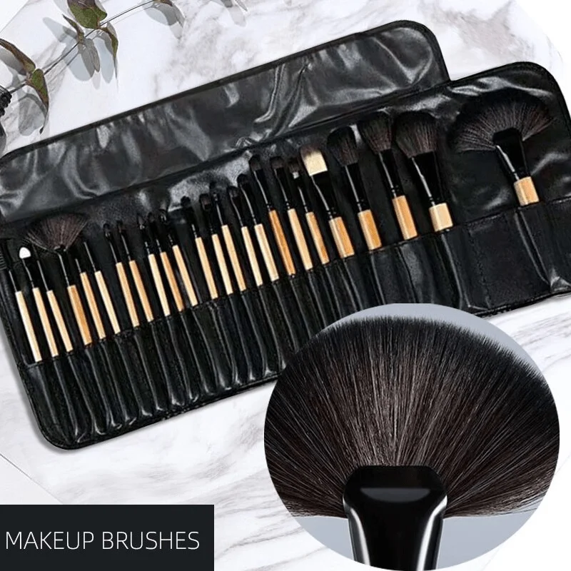 24pcs Female Professional Makeup Sets Cosmetics Brushes With Leather Bag Lip Brush Eye Shadow Brush Makeup Tools - Unscented