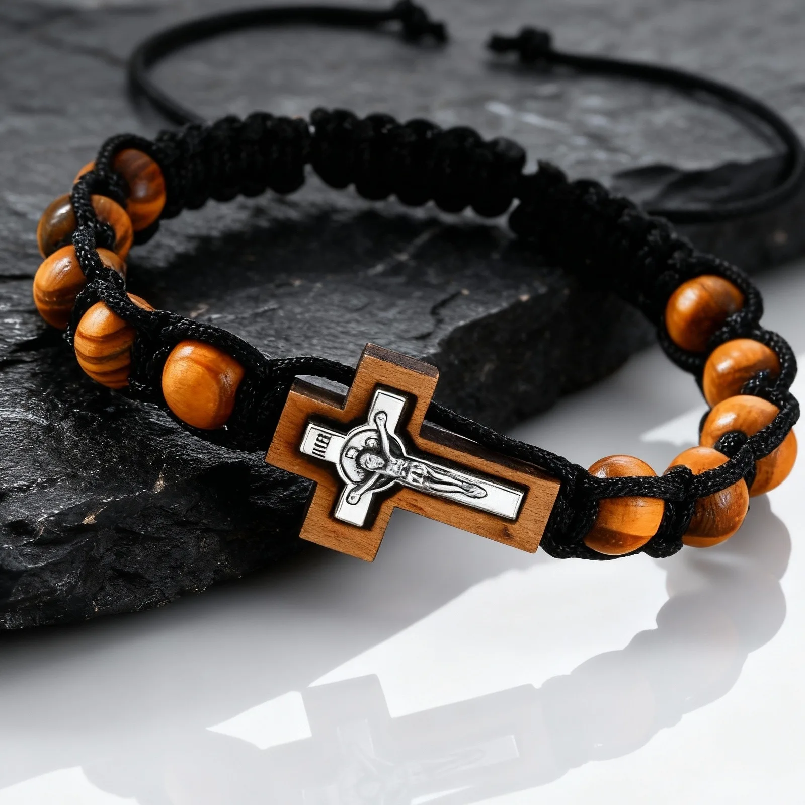 Pulseras de Cuentas con Cruz para Hombre, Brazalete de Rosario Tejido Ajustable con Cuentas de Madera Marrón, Joyería Religiosa