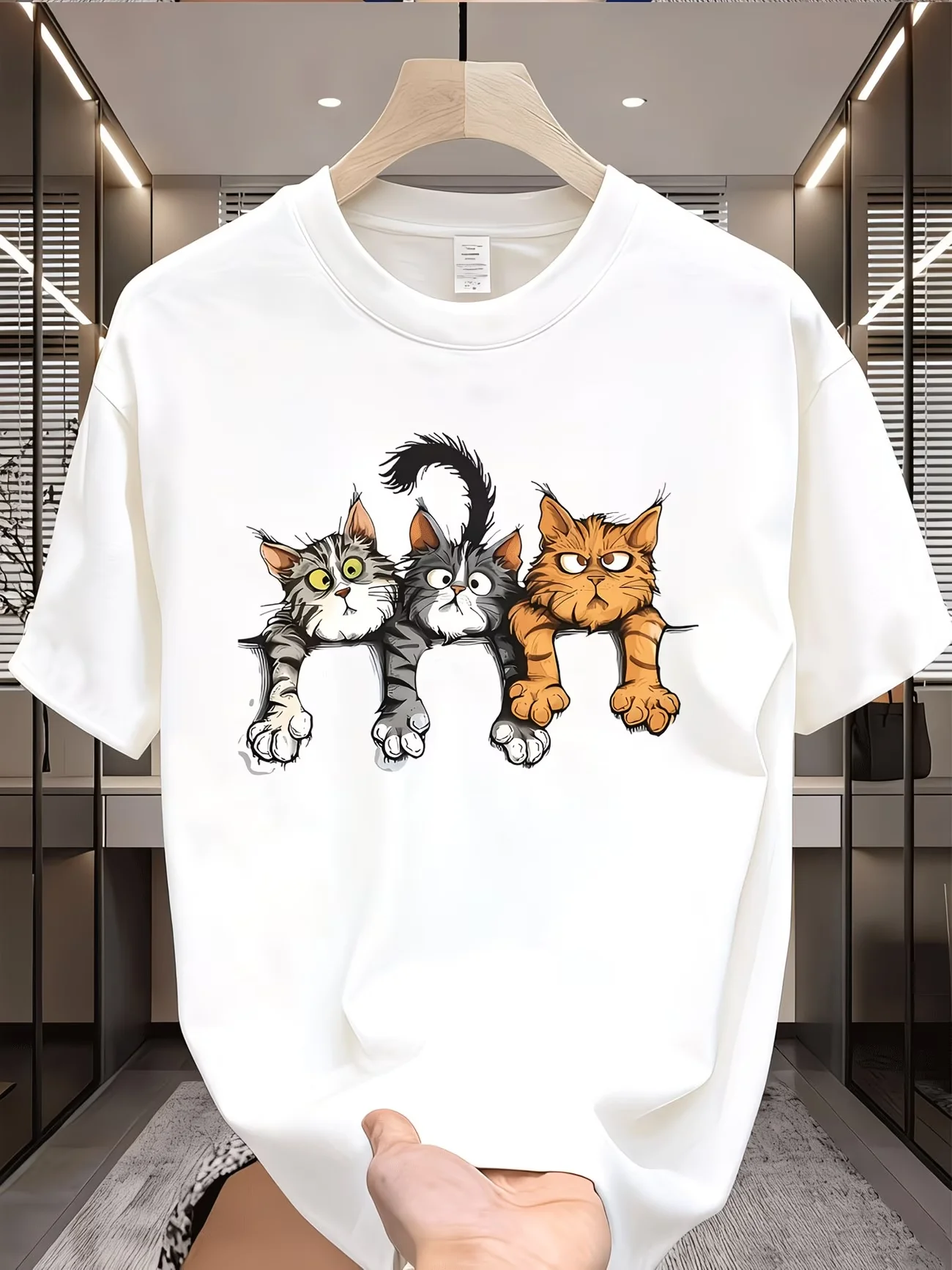 Funny Cat T Shirt Three Cartoon Cats Graphic Tee Kawaii Animal Art Top Harajuku Streetwear Casual Unisex Short Sleeve Tshirt Men