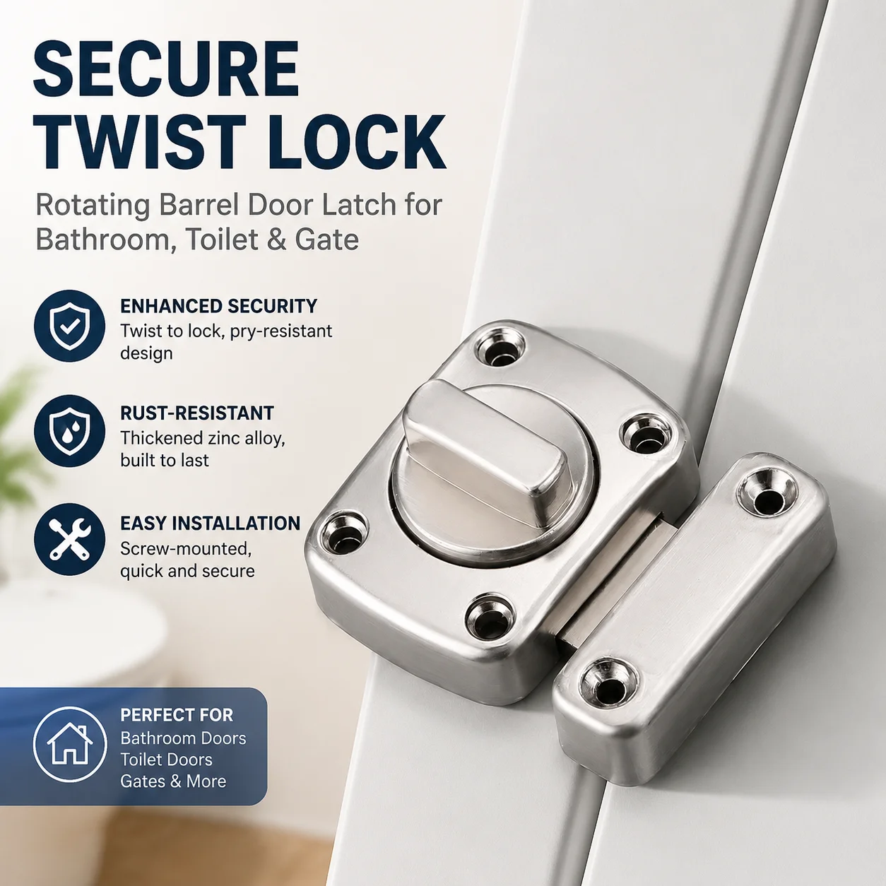 Rotating Barrel Door Latch Security Twist Lock Slide Bolt for Bathroom Toilet Gate