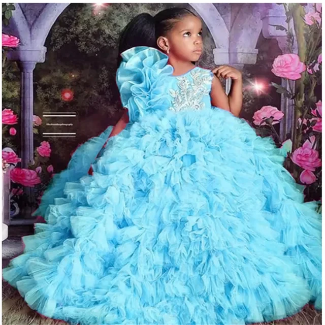 Luxury Sky Blue Flower Girl Dresses For Weddings Pageant Quinceanera Dresses For Little Girls First Communion Ball Gowns