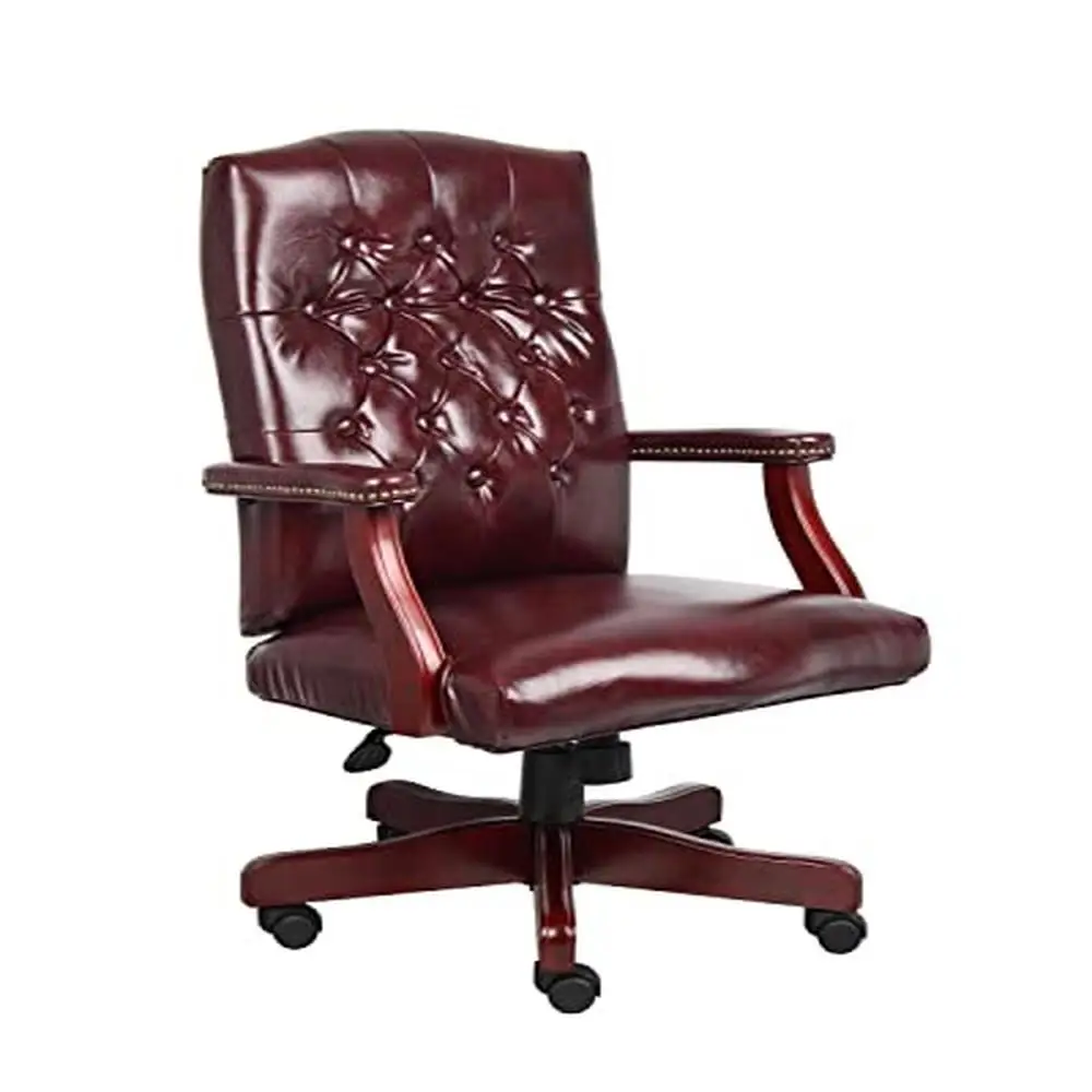 Classic High-Back Executive Chair in Burgundy Vinyl with Mahogany Finish Casters Dual Wheel Nylon 2