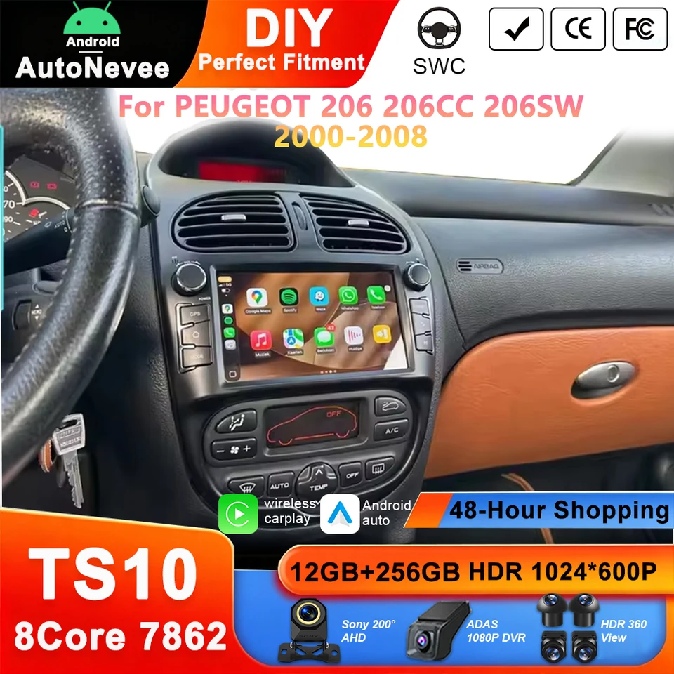 7 Android 12 CarPlay for Peugeot 206 2000-2008