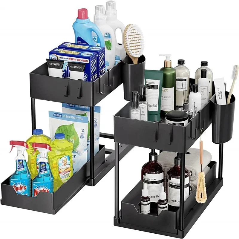 

Under Sink Organizer and Storage, Kitchen Organization Rack with Double Sliding Cabinet Drawers, Multi-Purpose Storage Shelf Hol