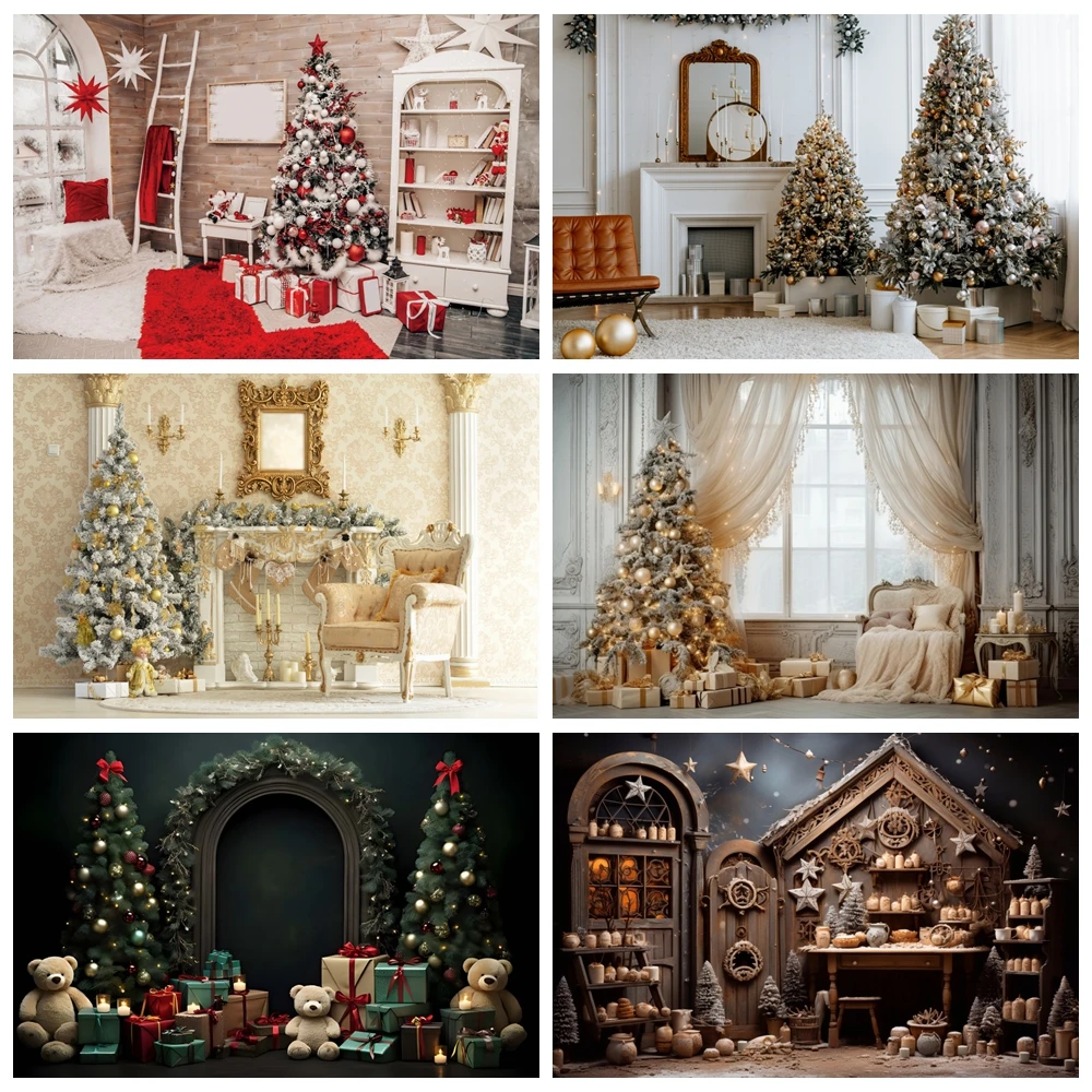 Christmas Background Interior Room Xmas Tree Fireplace Gifts Window Baby Portrait Photography Backdrop Wall Decor Photo Studio