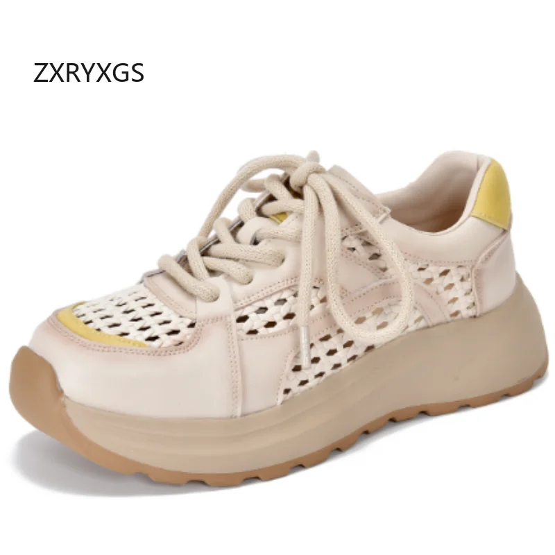 ZXRYXGS New Spell Color Splicing Genuine Leather Hollow Sneakers Breathable Shoes Thick Sole Increase Women Casual Sneakers 2026