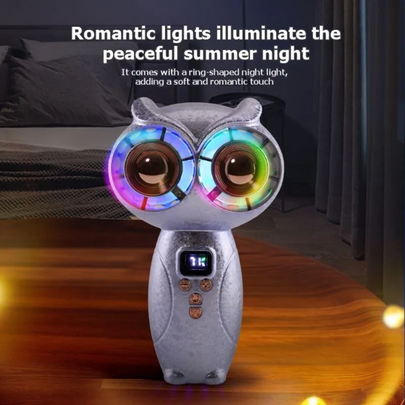 効率的なusb充電式デュアルターボフクロウ型ledスマートディスプレイファンポータブルハンドヘルドファン可変速度