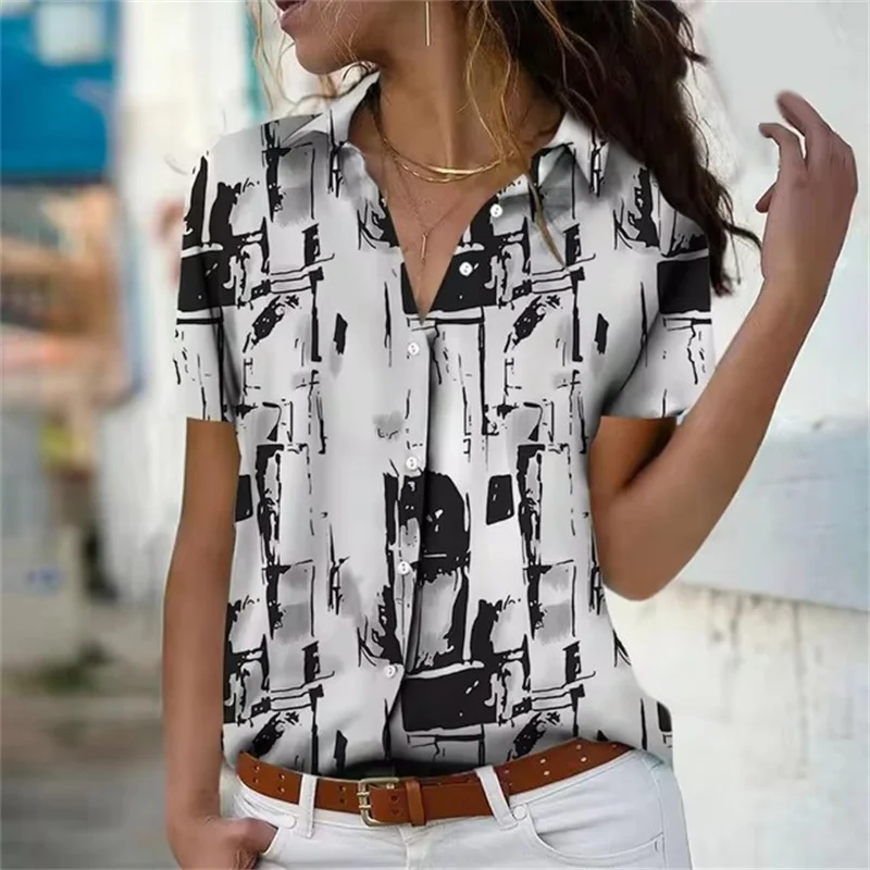 Casual Women\'s Shirt Blouse Vintage Geometric Block Print Button Short Sleeve Shirt Fashion Shirt Collar 2024 Spring Summer Tops