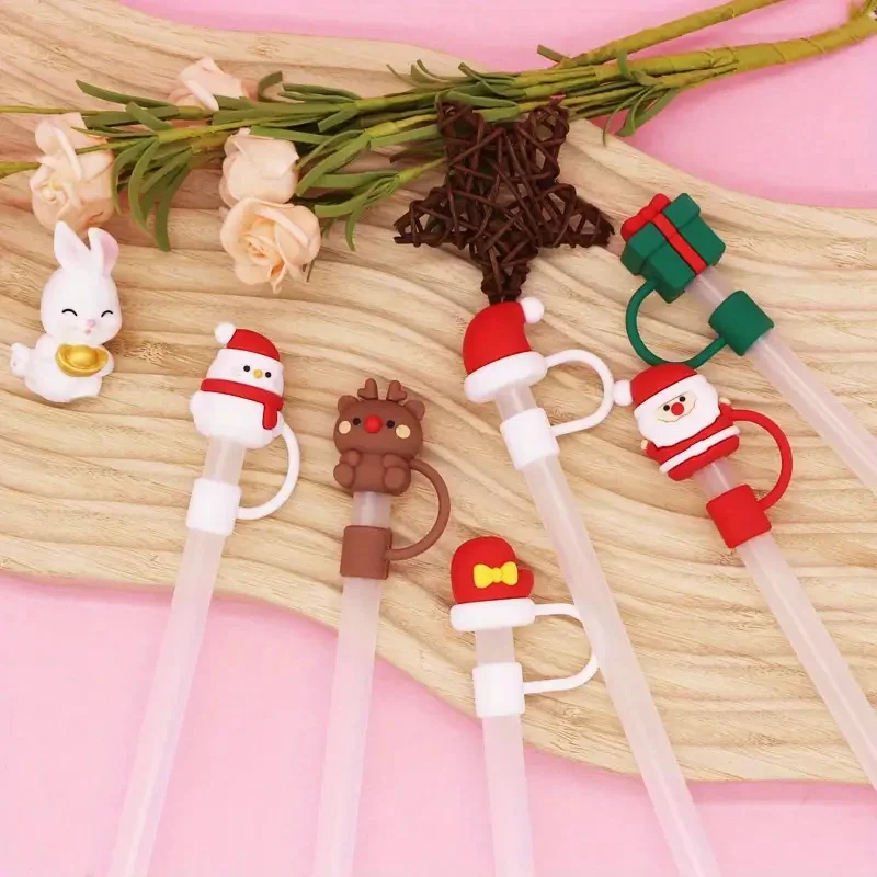 New Christmas Rubber Christmas Straw Toppers with Handle Dust-Proof Reusable Xmas Straw Covers for Water Cup Xmas Party Gifts