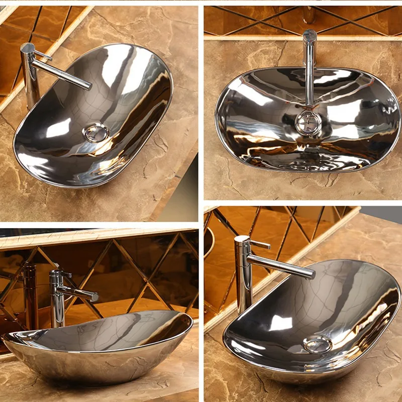 On-stage wash basin electroplated gold household wash  bathroom black wash hotel ceramic basin